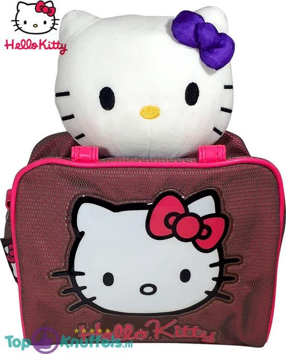 Hello Kitty Pluche Knuffel 18cm + Tas | Paarse Knuffel + Roze Hello Kitty Tas | Cadeau Kado voor kinderen | Helo Kity |  Knuffeldier kat Speelgoed